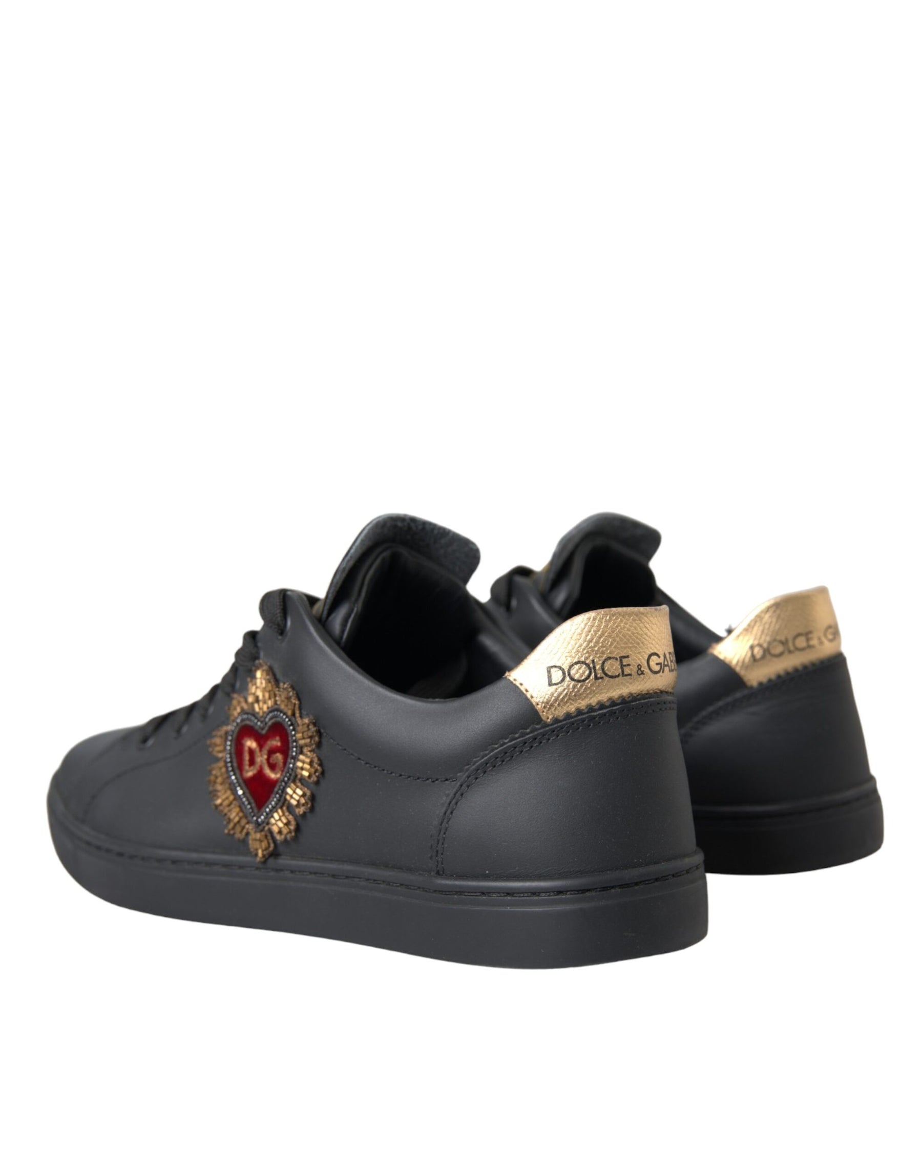 Dolce & Gabbana Black Leather Heart Embellished Sneakers Shoes | Regal Royce