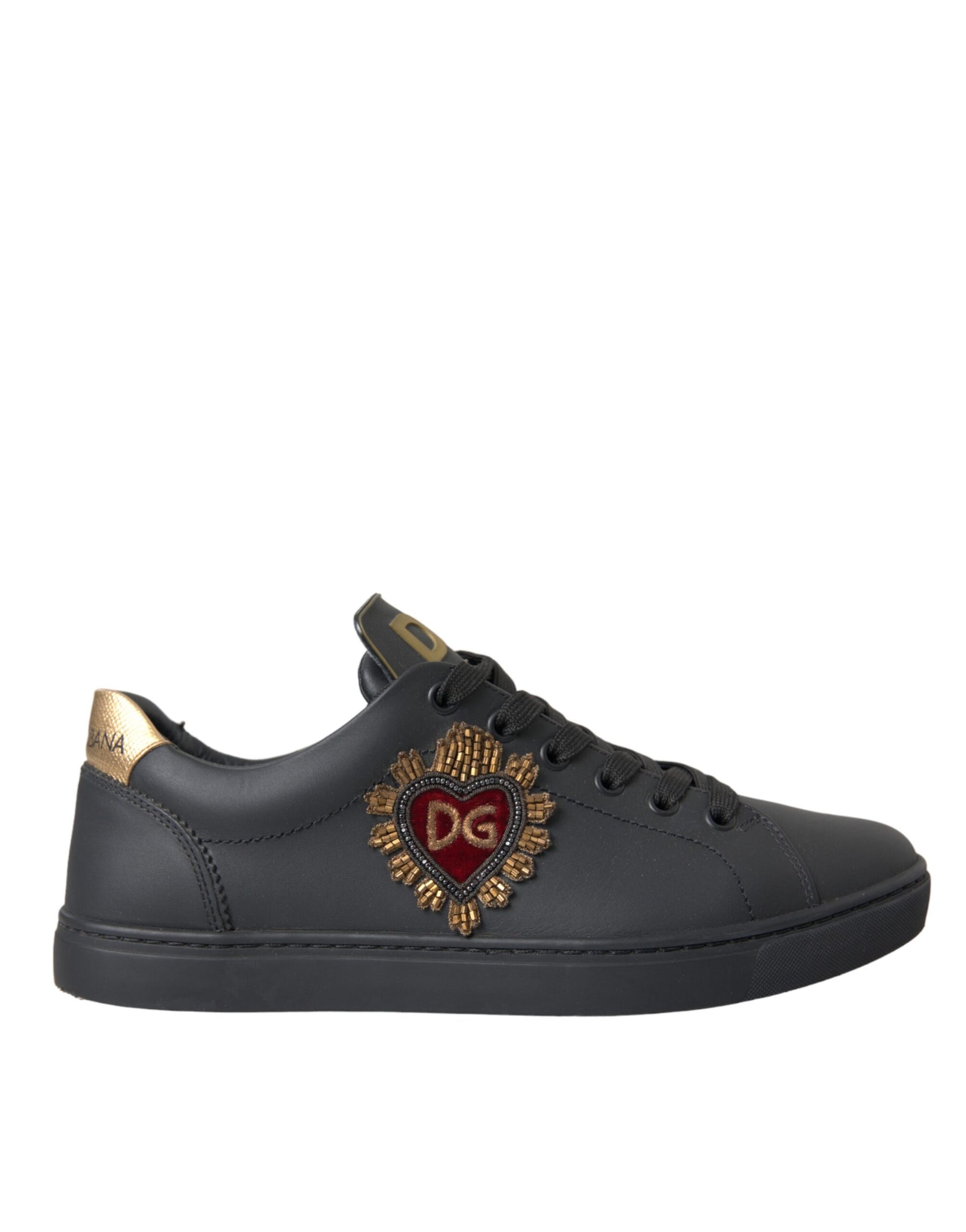 Dolce & Gabbana Black Leather Heart Embellished Sneakers Shoes | Regal Royce