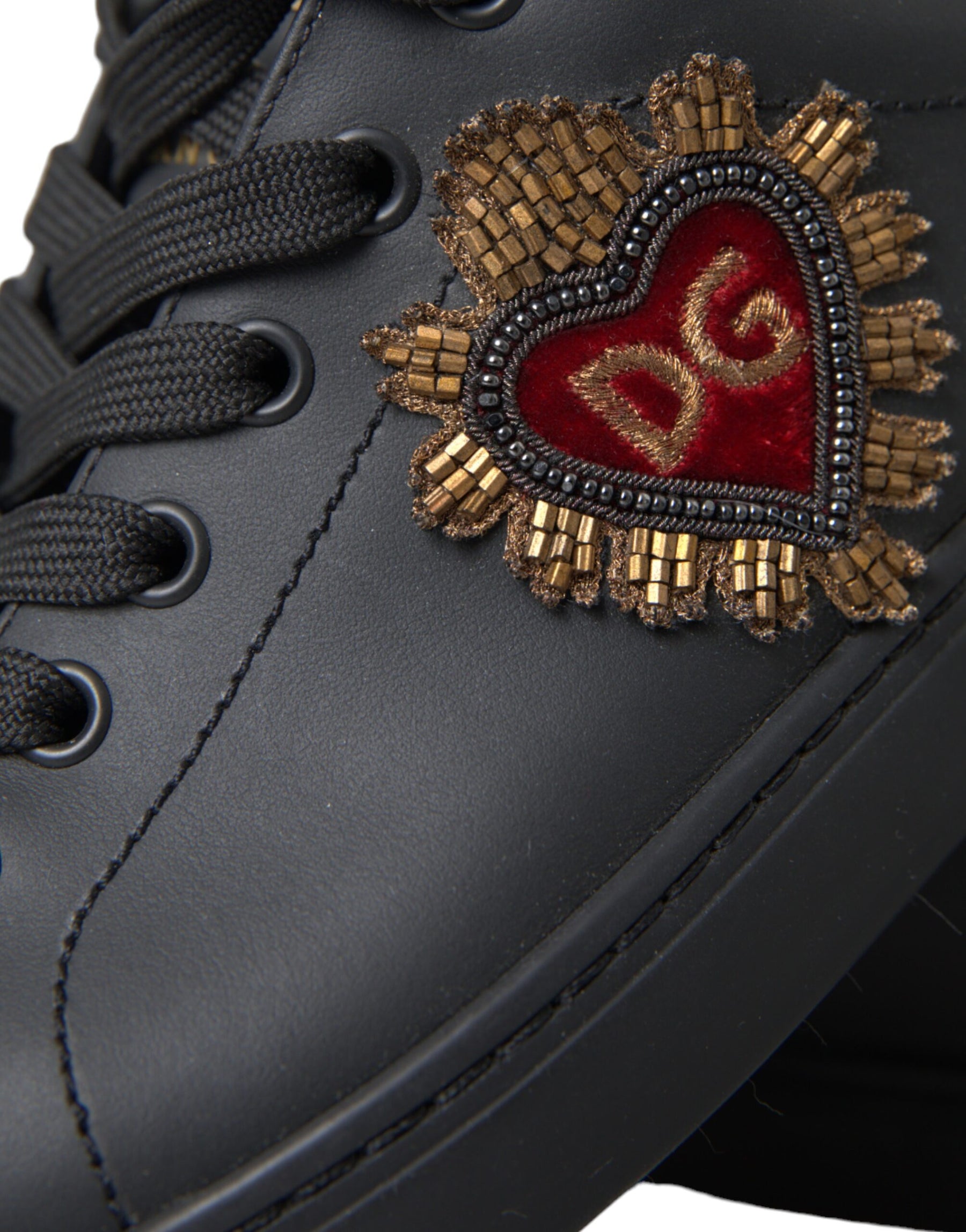 Dolce & Gabbana Black Leather Heart Embellished Sneakers Shoes | Regal Royce