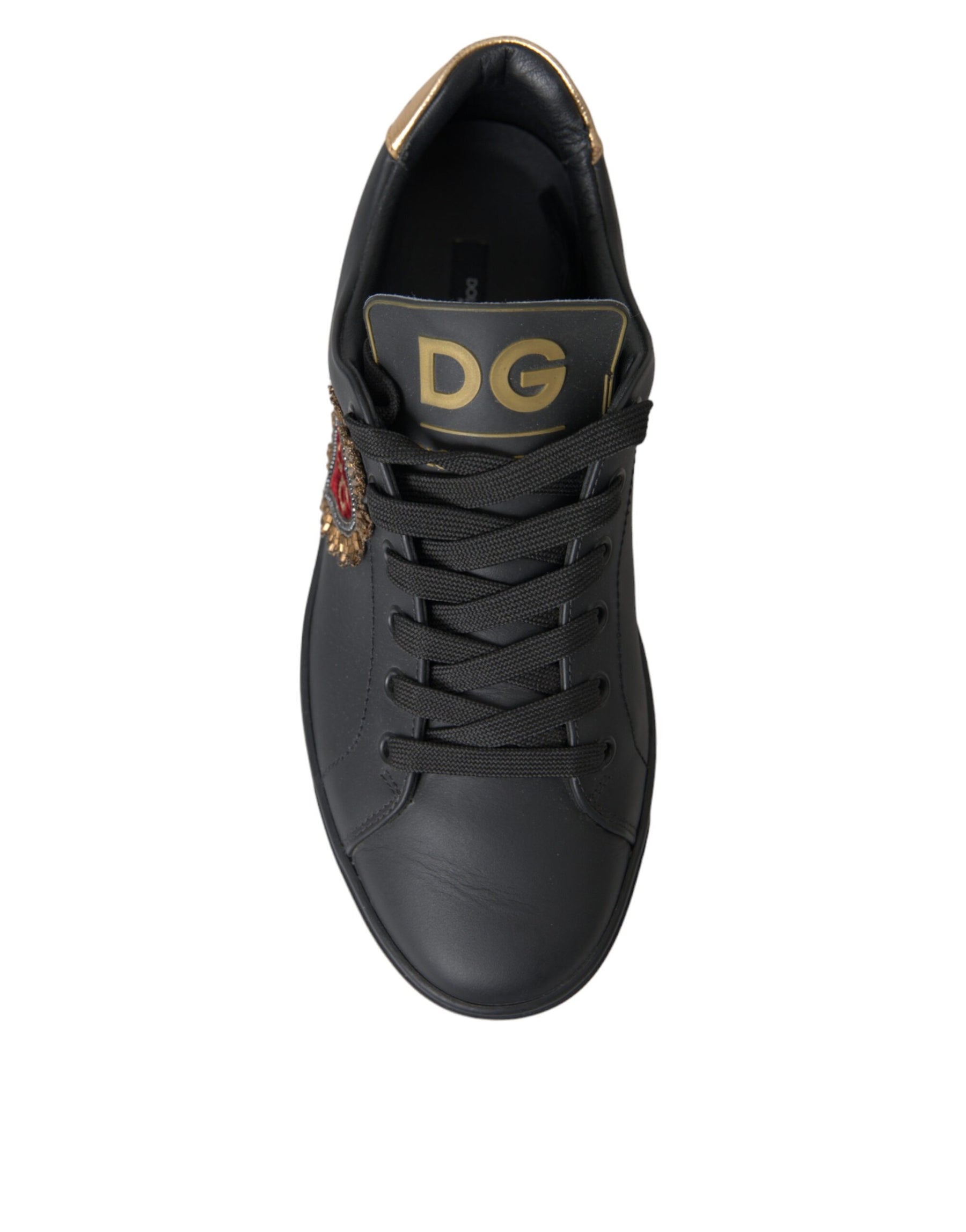 Dolce & Gabbana Black Leather Heart Embellished Sneakers Shoes | Regal Royce