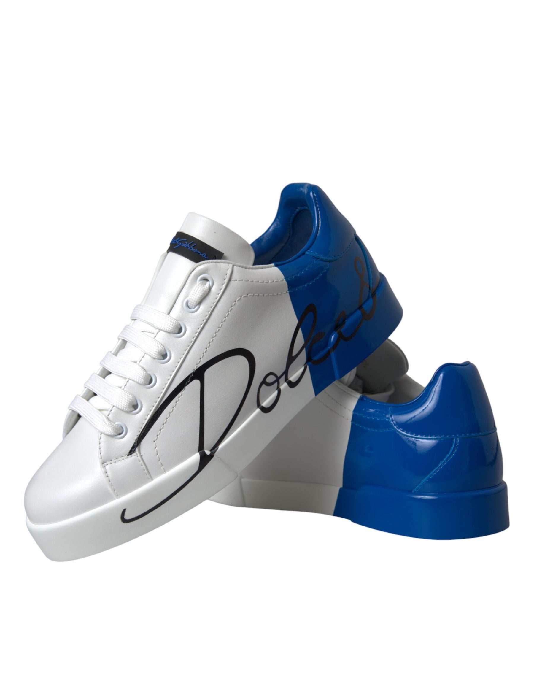 Dolce & Gabbana White Blue Leather Logo Low Top Sneakers Shoes | Regal Royce