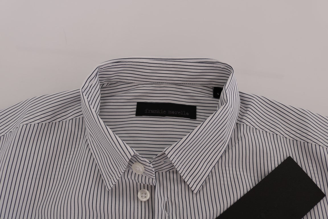 Frankie Morello White Blue Striped Casual Cotton Regular Fit Shirt | Regal Royce