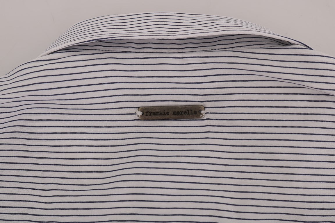 Frankie Morello White Blue Striped Casual Cotton Regular Fit Shirt | Regal Royce