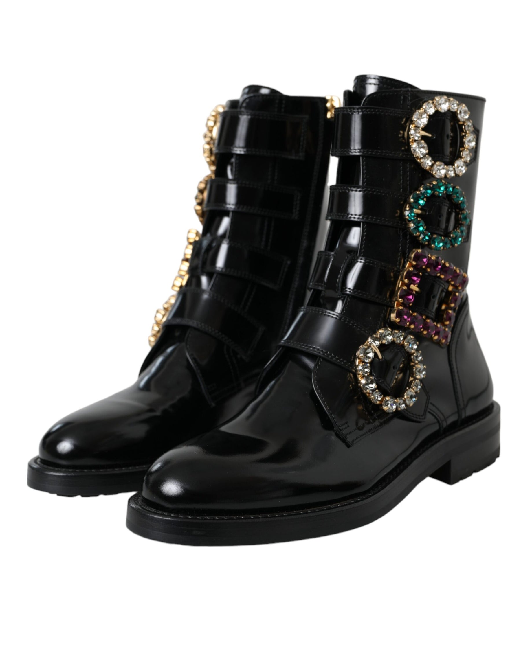Dolce & Gabbana Black Leather Crystal Buckles Boots Shoes | Regal Royce