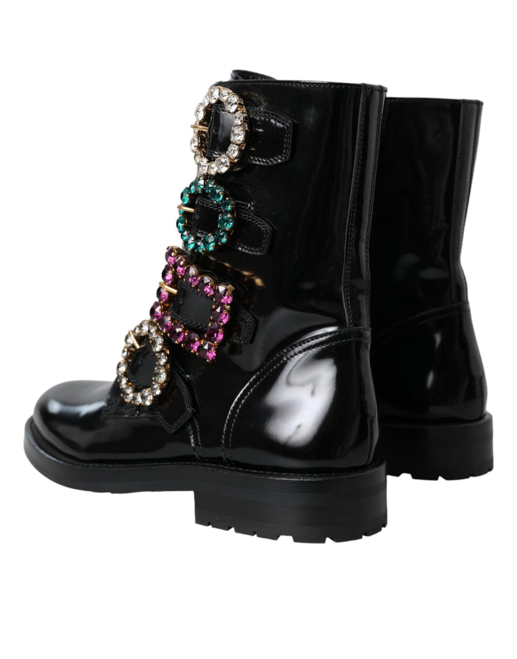 Dolce & Gabbana Black Leather Crystal Buckles Boots Shoes | Regal Royce
