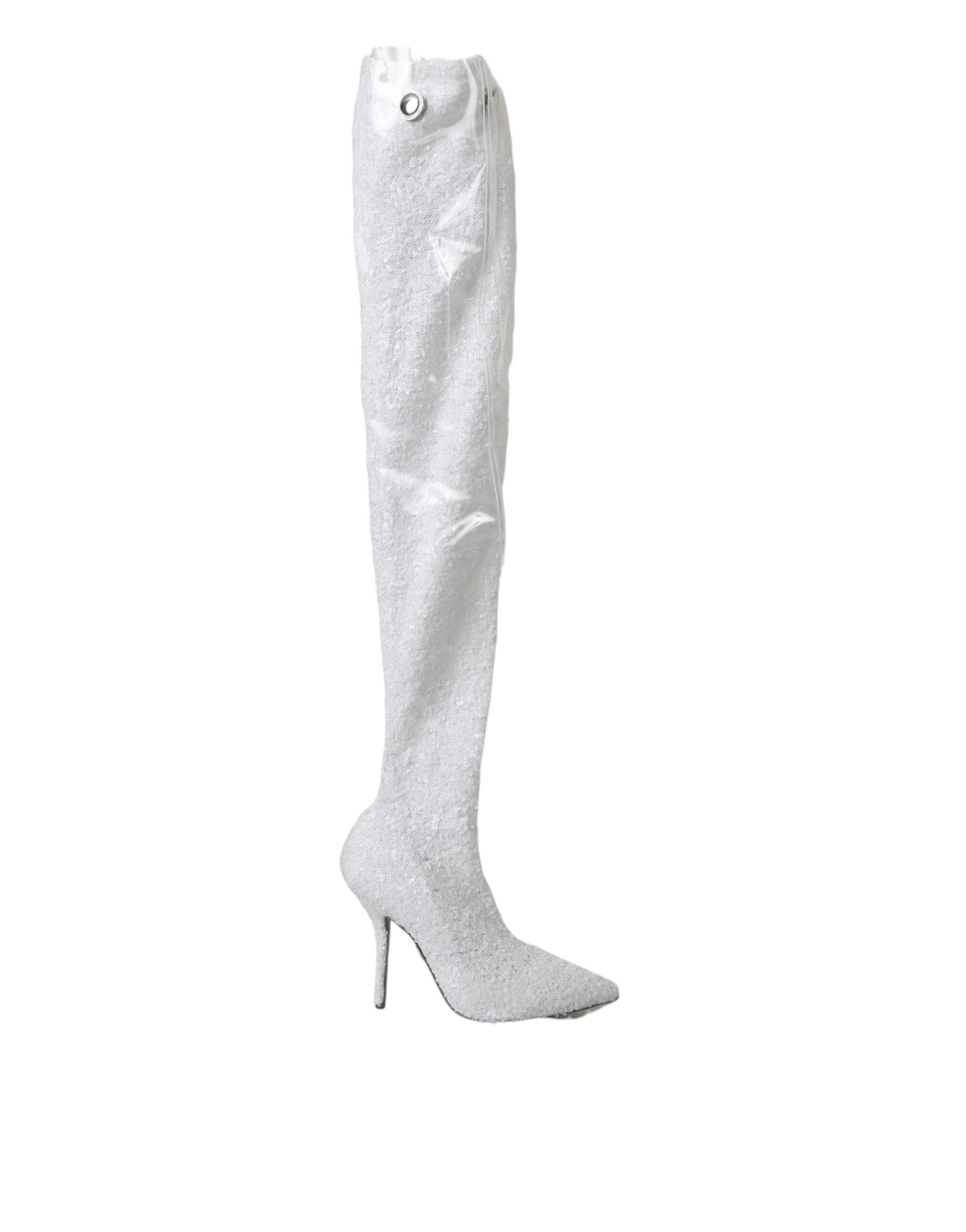 Dolce & Gabbana White Heels Stiletto Knee High Boots Shoes | Regal Royce