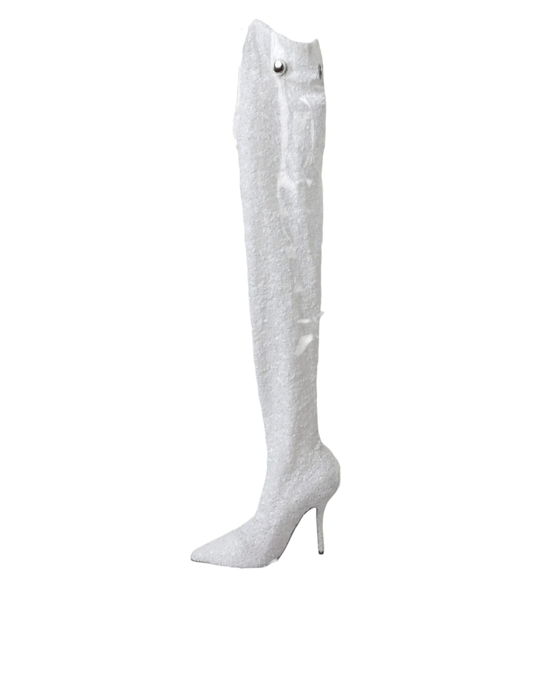 Dolce & Gabbana White Heels Stiletto Knee High Boots Shoes | Regal Royce