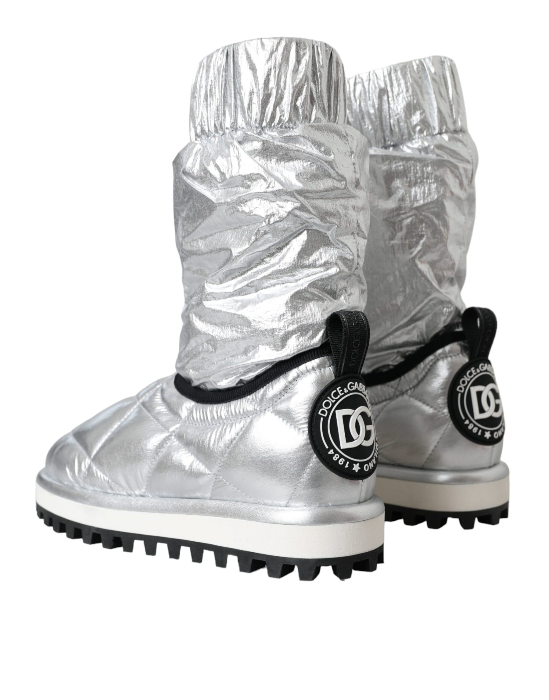 Dolce & Gabbana Metallic Silver Quilted Logo Patch Boot Shoes | Regal Royce