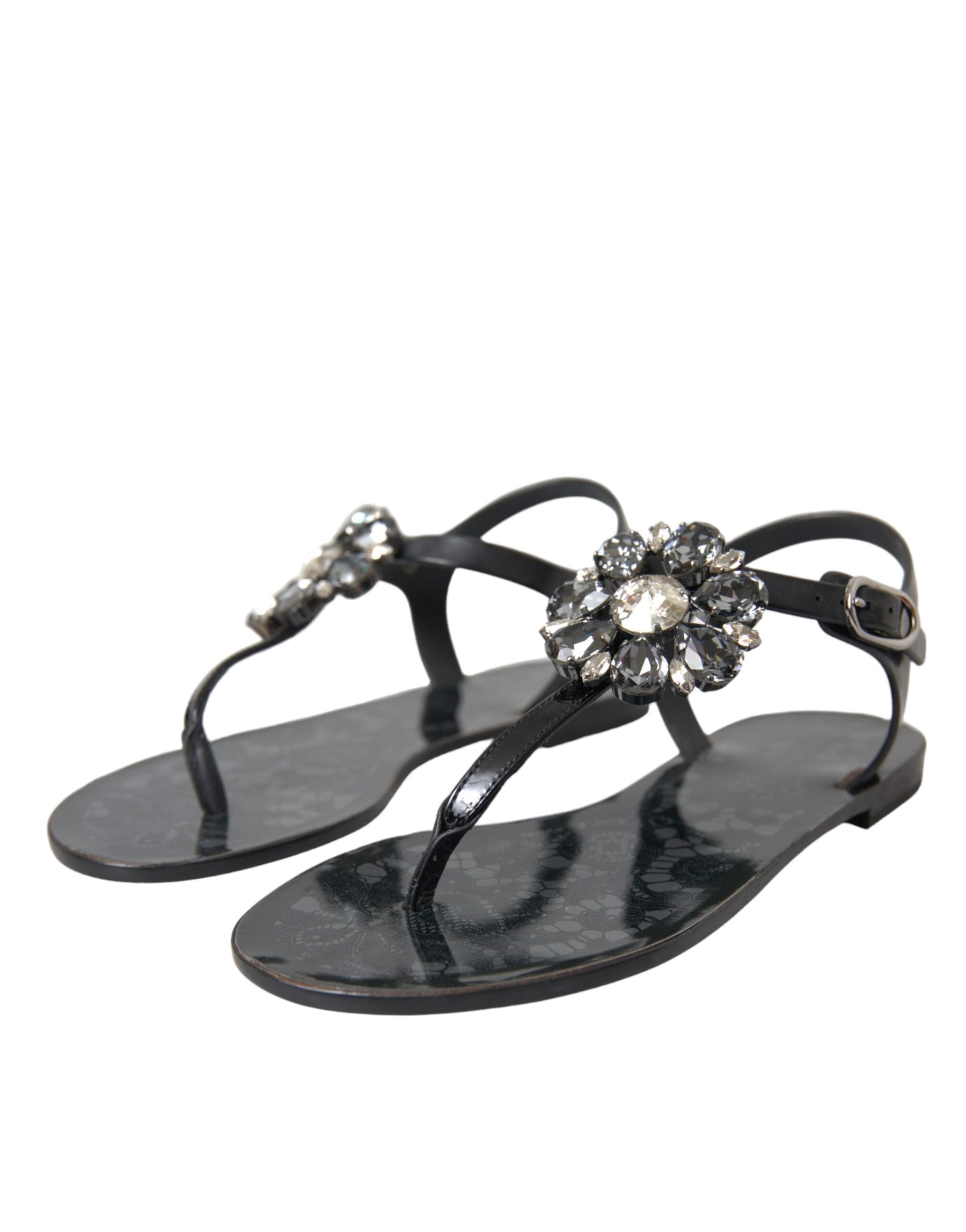 Dolce & Gabbana Black Crystal Flats Sandals Flip Flops Shoes | Regal Royce