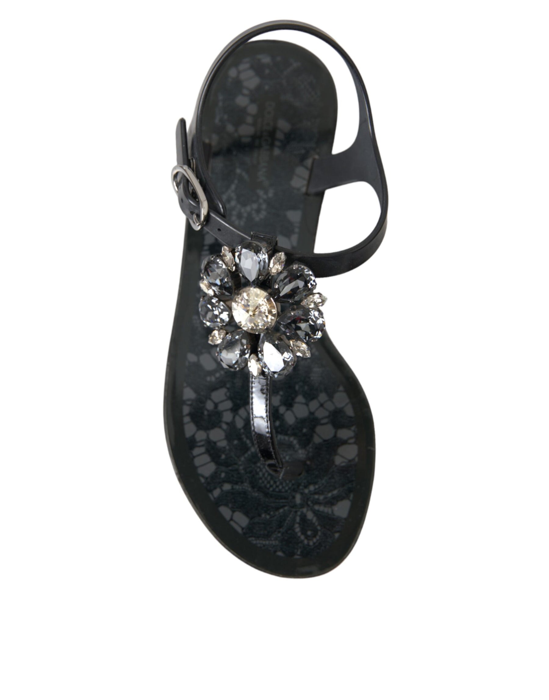 Dolce & Gabbana Black Crystal Flats Sandals Flip Flops Shoes | Regal Royce