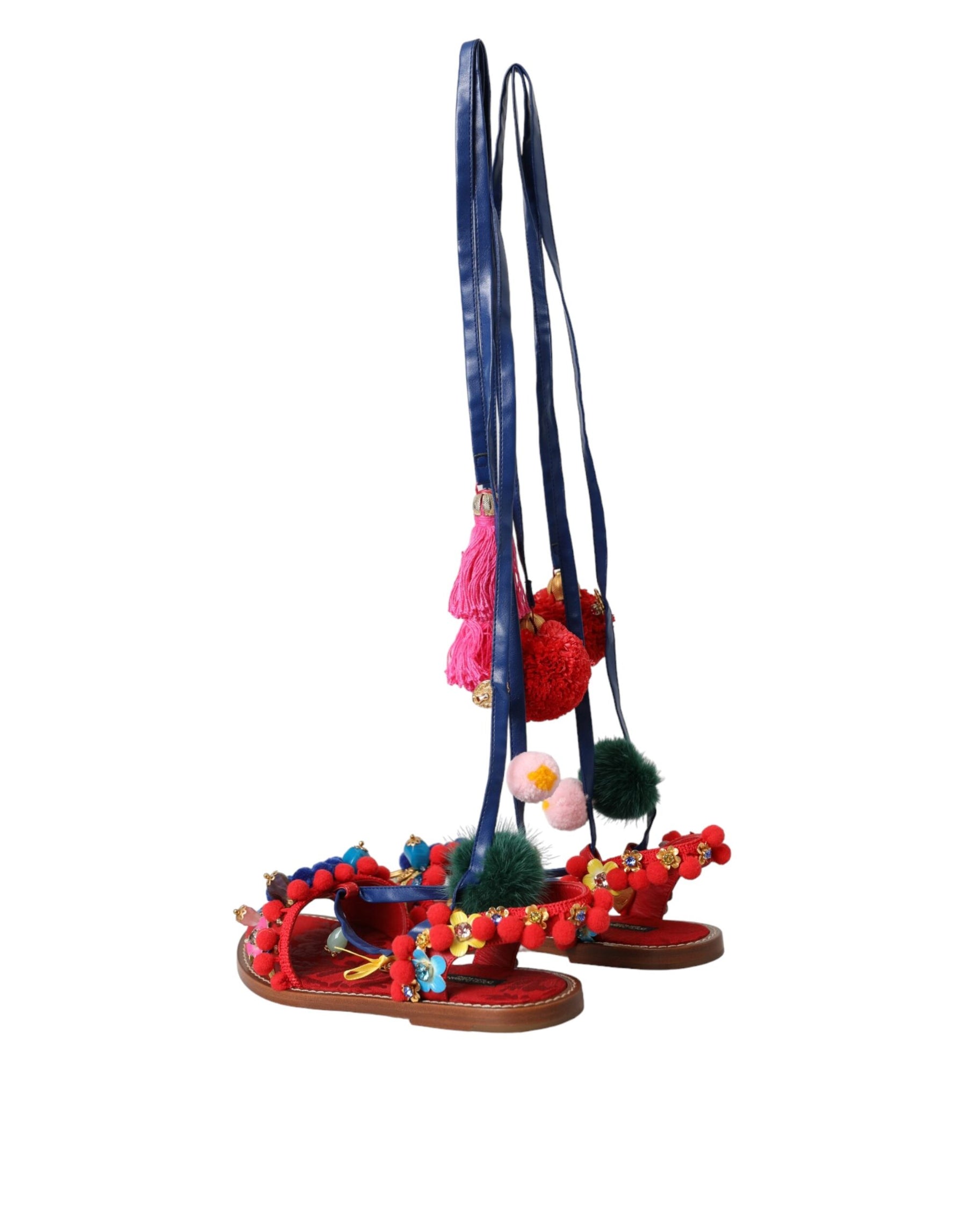 Dolce & Gabbana Multicolor Pom Pom Fur Wrap Sandals Shoes | Regal Royce