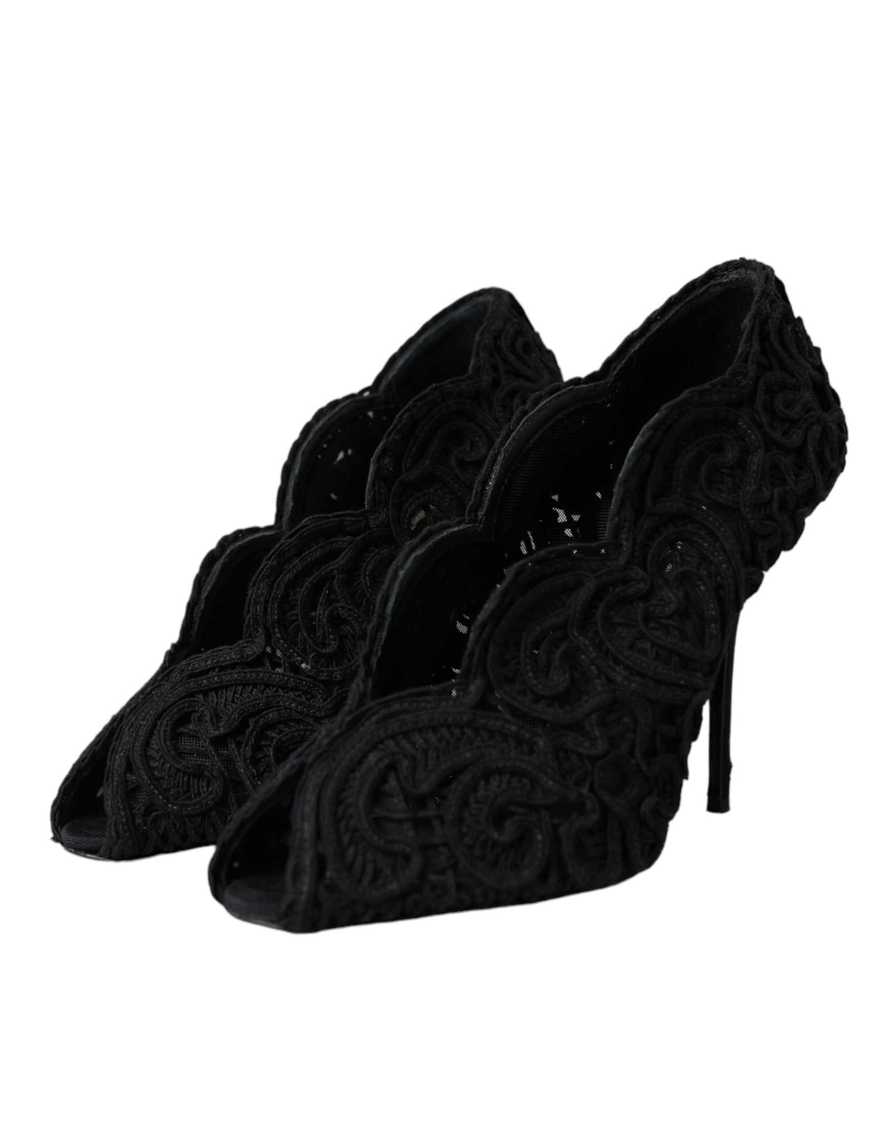 Dolce & Gabbana Black Cordonetto Ricamo Pump Open Toe Shoes | Regal Royce