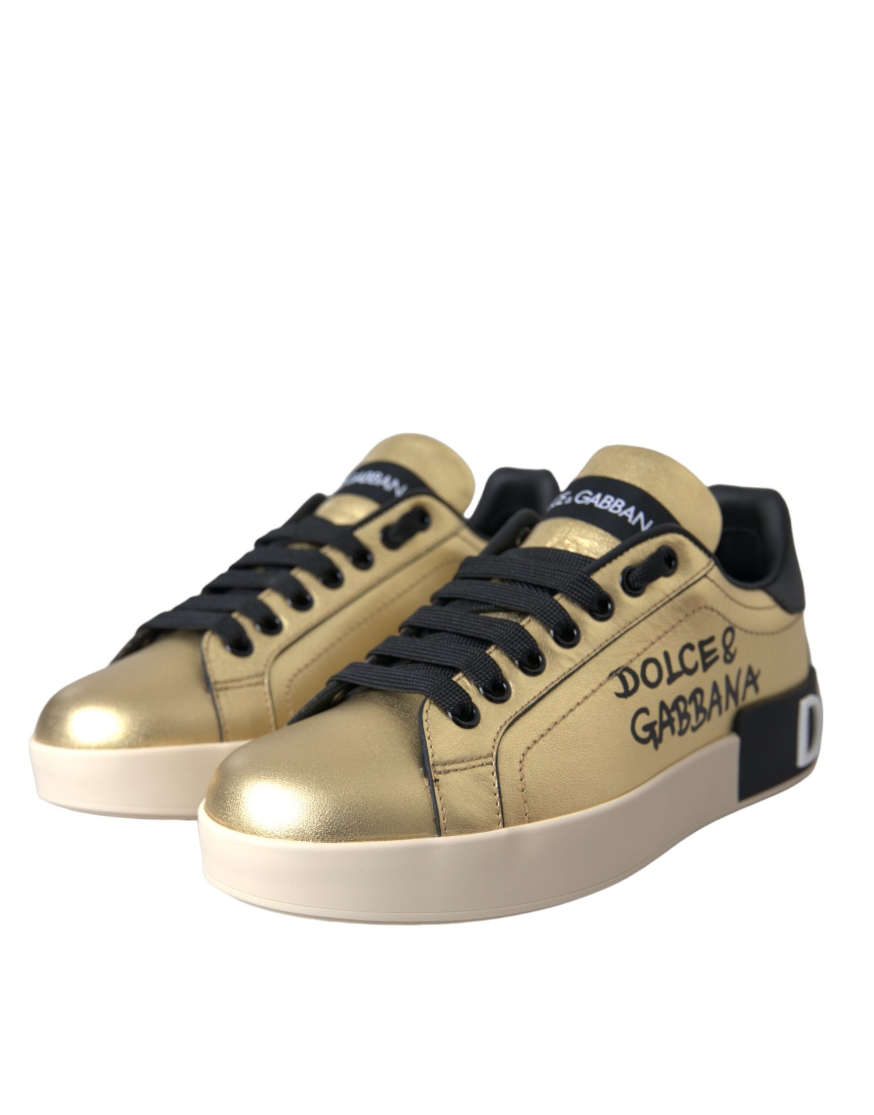 Dolce & Gabbana Gold Portofino Calf Leather Sneakers Women Shoes | Regal Royce