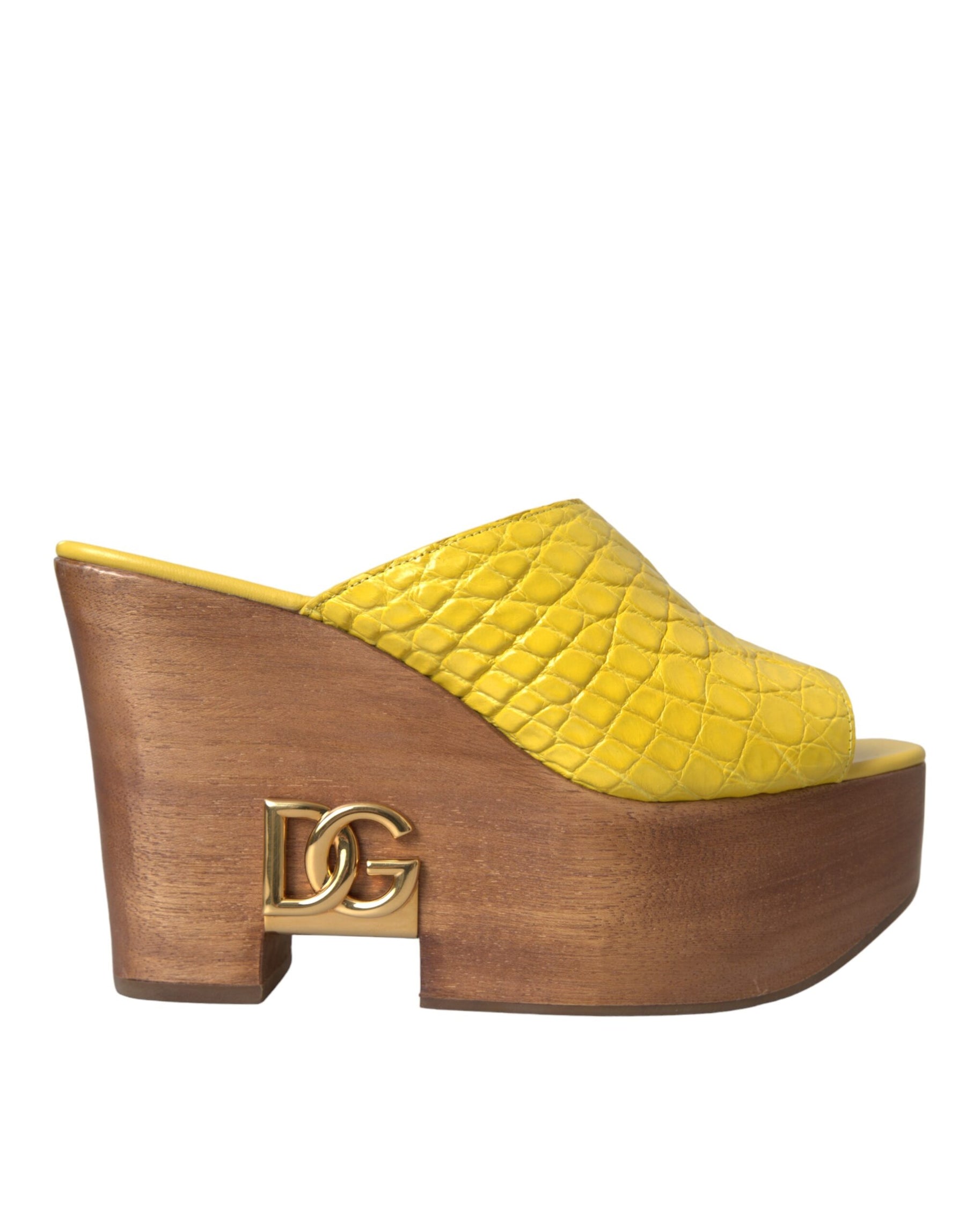 Dolce & Gabbana Yellow Leather Wood Mule Wedge Slides Shoes | Regal Royce