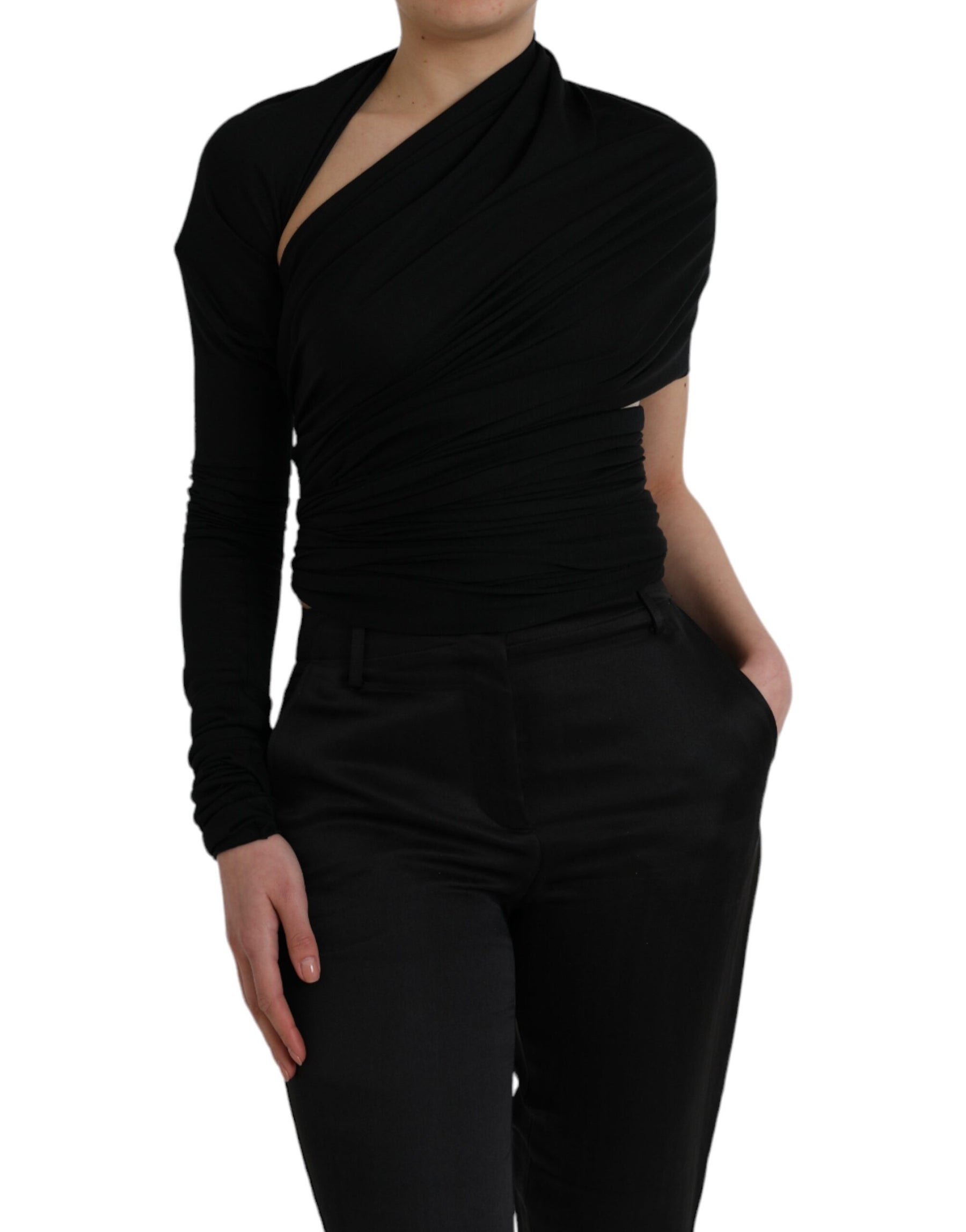 Dolce & Gabbana Black Wool Cutout Asymmetric Long Sleeve Top | Regal Royce