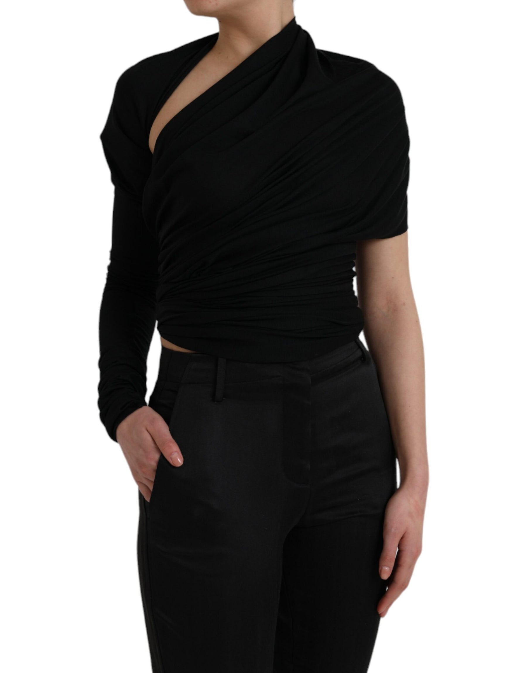 Dolce & Gabbana Black Wool Cutout Asymmetric Long Sleeve Top | Regal Royce