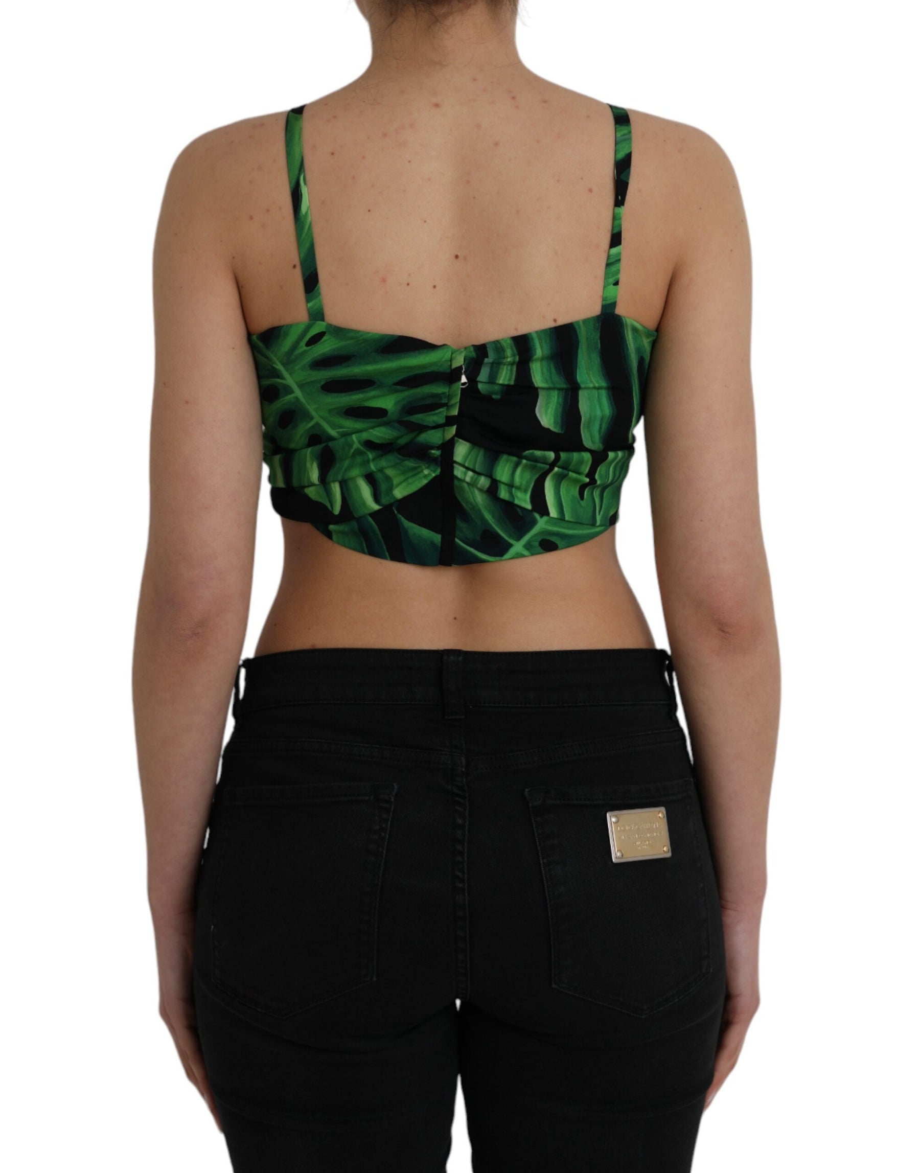Dolce & Gabbana Black Green Leaf Silk Halter Cropped Top | Regal Royce
