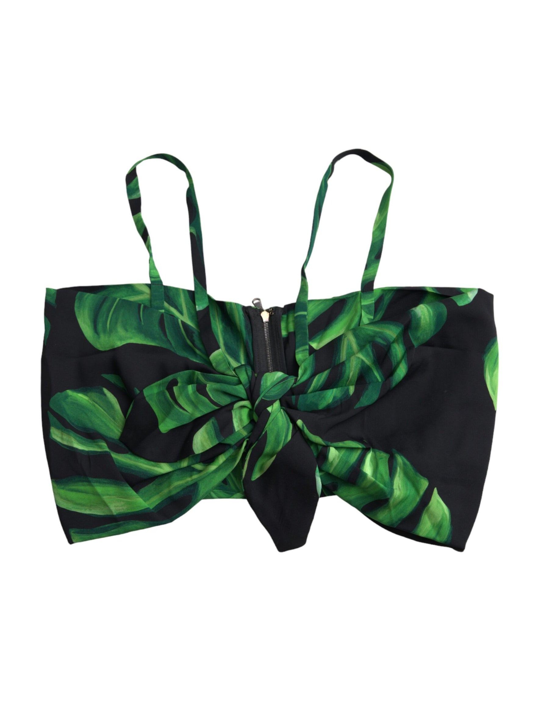 Dolce & Gabbana Black Green Leaf Silk Halter Cropped Top | Regal Royce