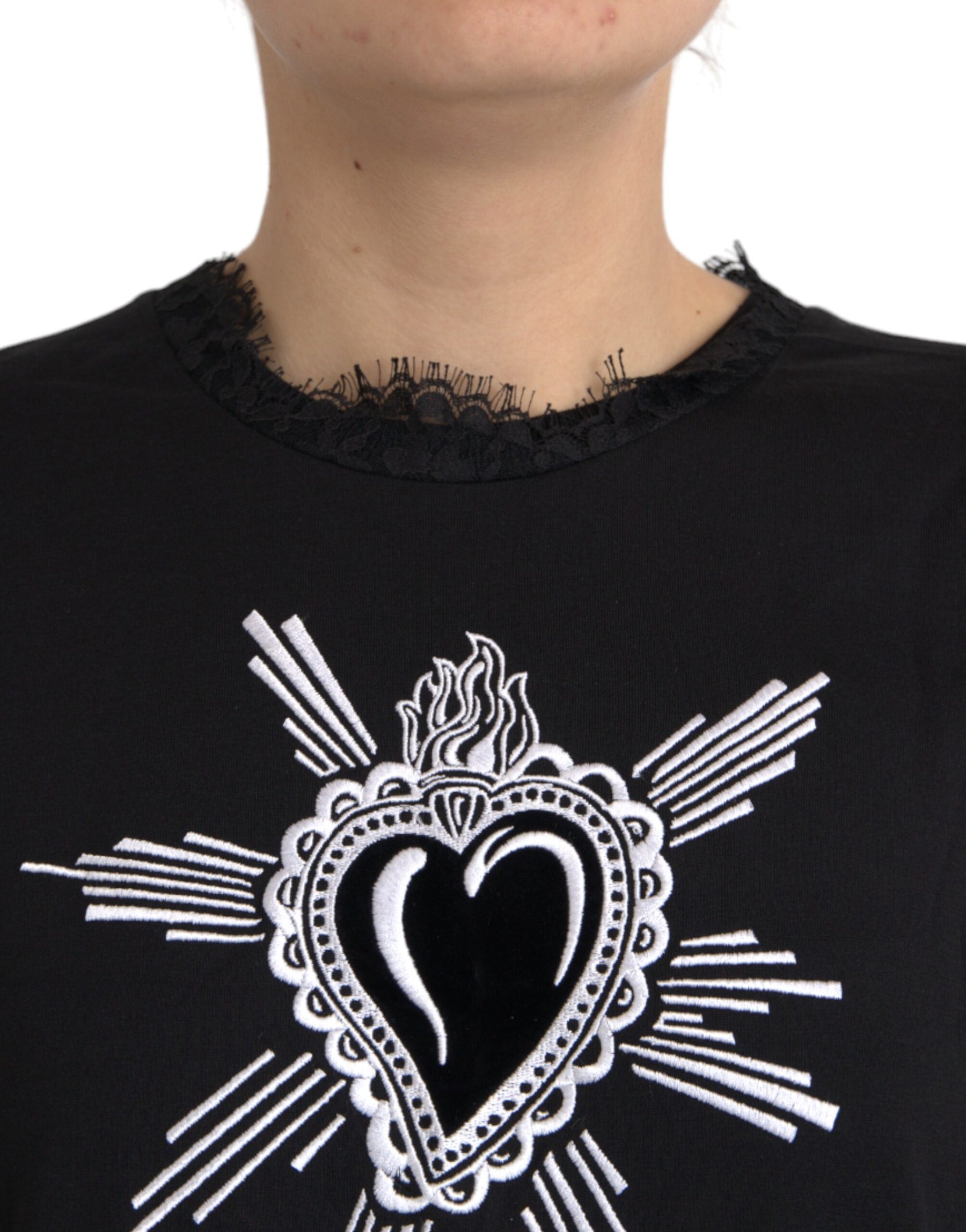 Dolce & Gabbana Black Sacred Heart Print Cotton Lace T-shirt | Regal Royce