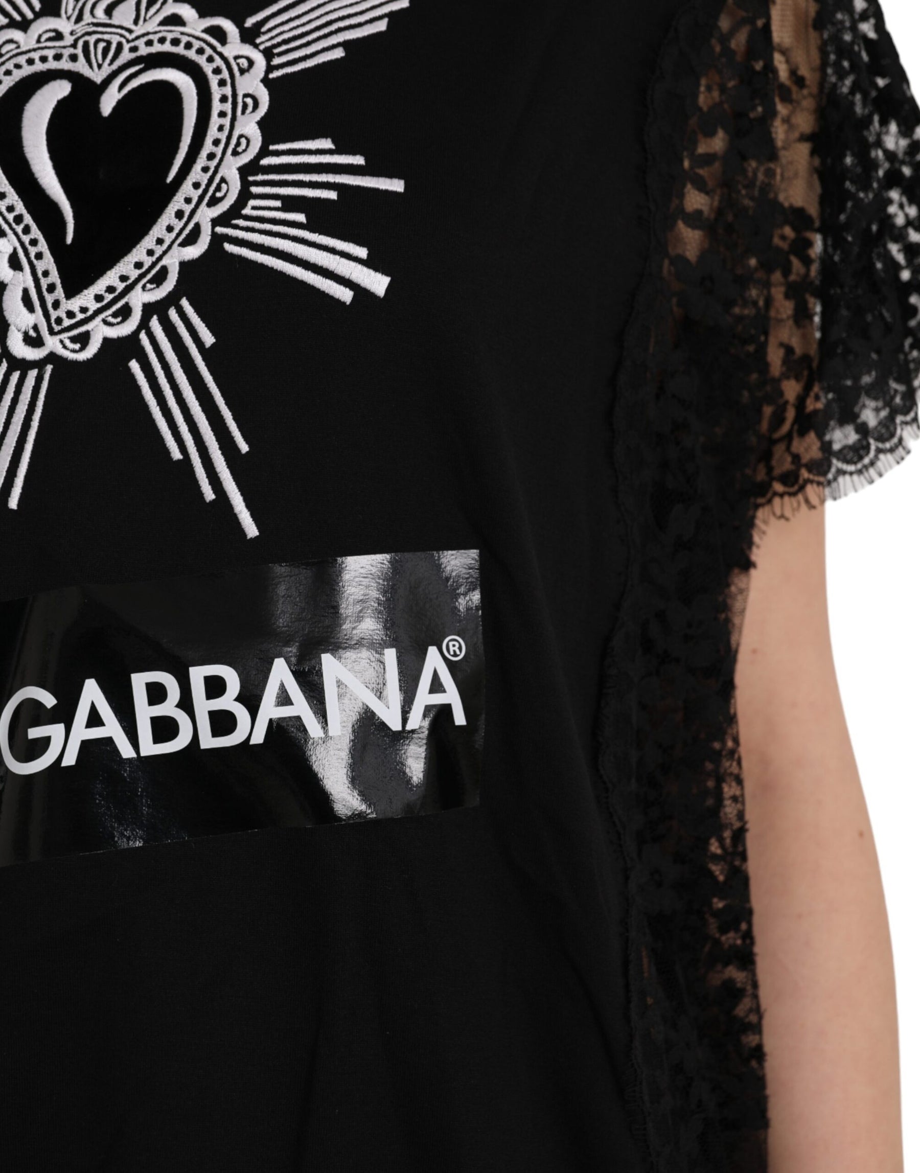 Dolce & Gabbana Black Sacred Heart Print Cotton Lace T-shirt | Regal Royce