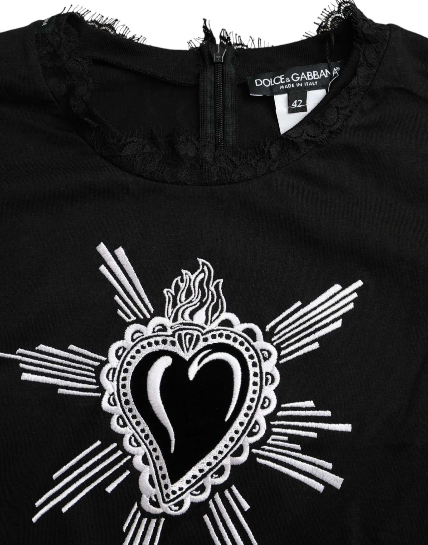 Dolce & Gabbana Black Sacred Heart Print Cotton Lace T-shirt | Regal Royce