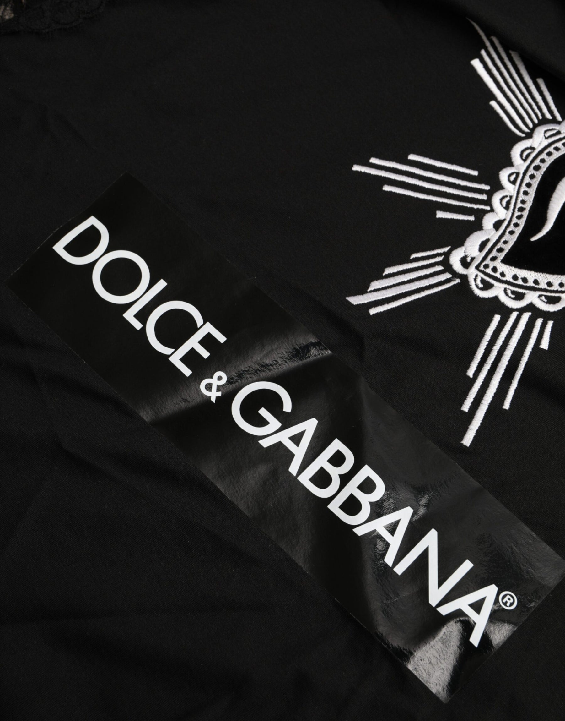 Dolce & Gabbana Black Sacred Heart Print Cotton Lace T-shirt | Regal Royce