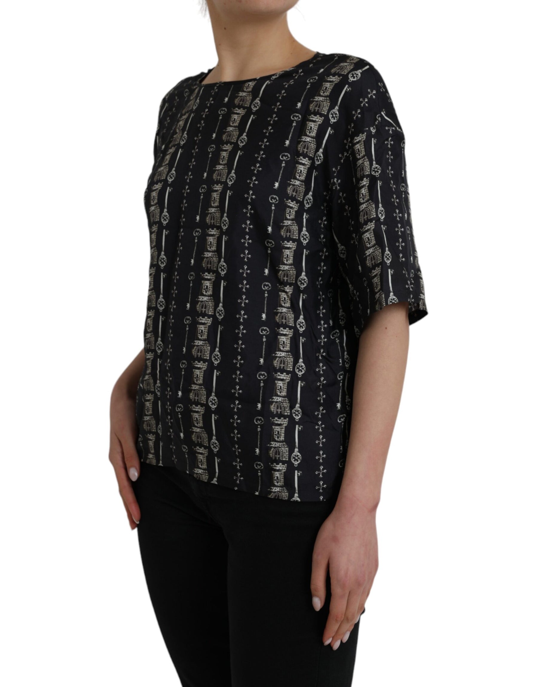 Dolce & Gabbana Black Key Castle Print Silk Blouse T-shirt | Regal Royce
