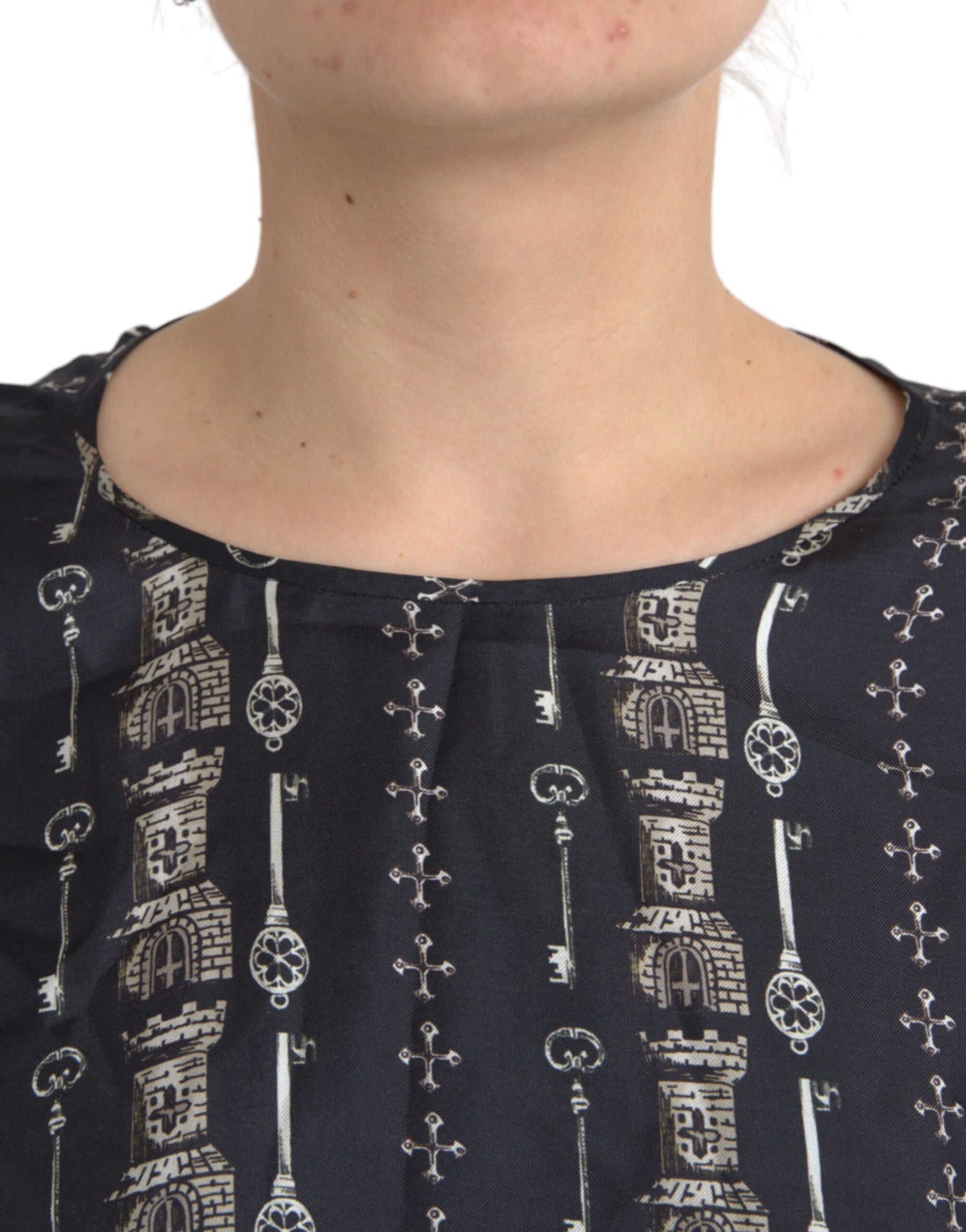 Dolce & Gabbana Black Key Castle Print Silk Blouse T-shirt | Regal Royce