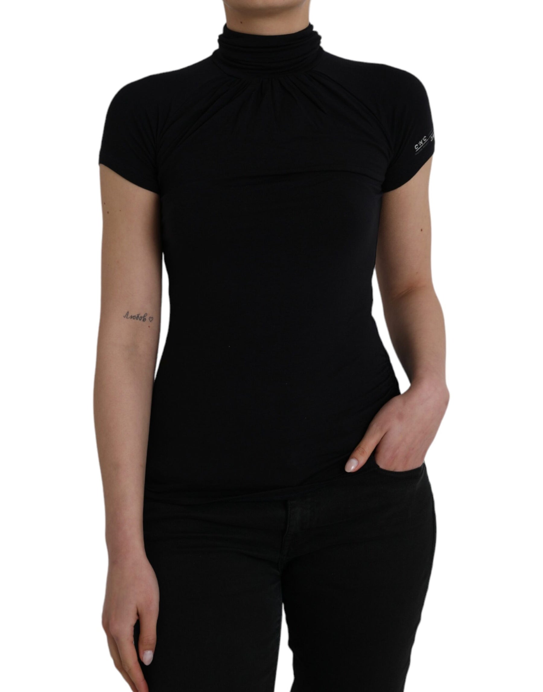 Costume National Black Turtleneck Viscose Short Sleeve Top | Regal Royce