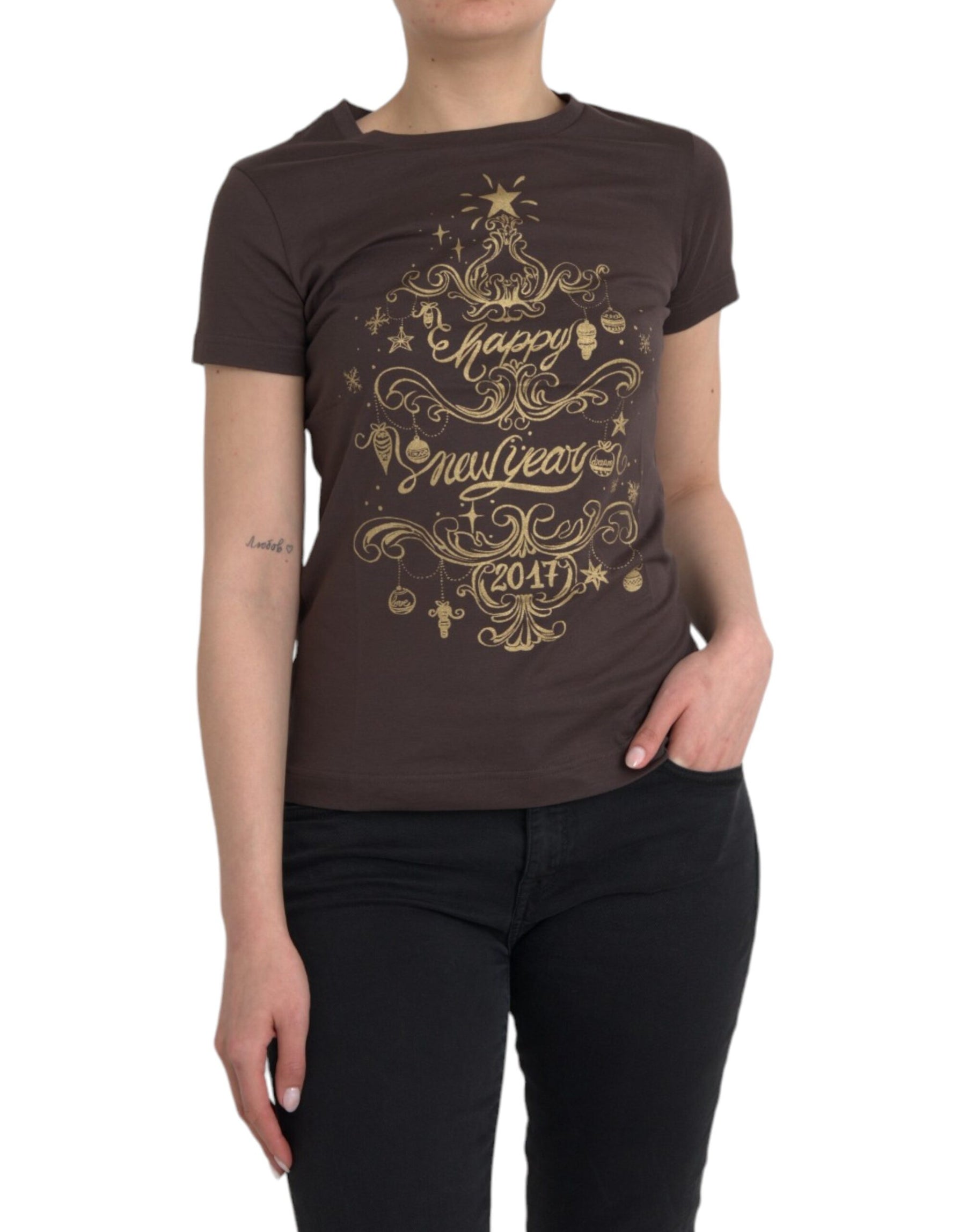 Dolce & Gabbana Brown Crewneck 2017 Motive Print T-shirt | Regal Royce