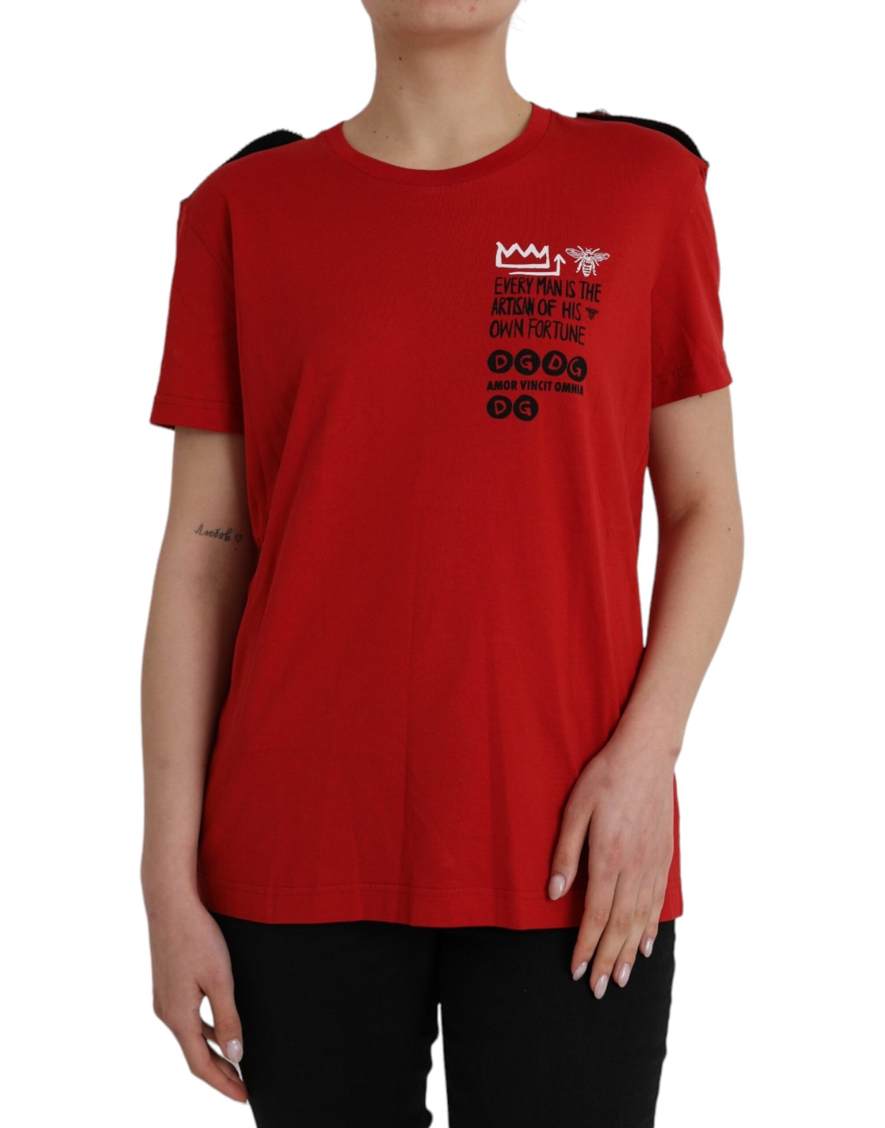 Dolce & Gabbana Red Cotton Graphic Print Crew Neck T-shirt | Regal Royce