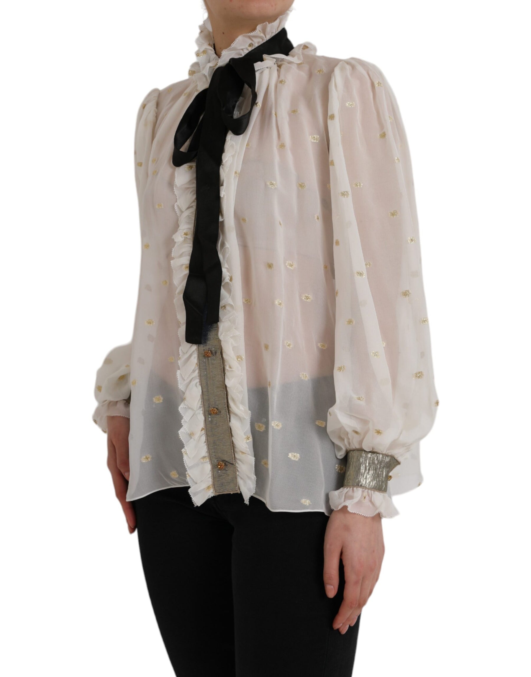 Dolce & Gabbana Off White Silk Blend Ascot Collar Blouse Top | Regal Royce