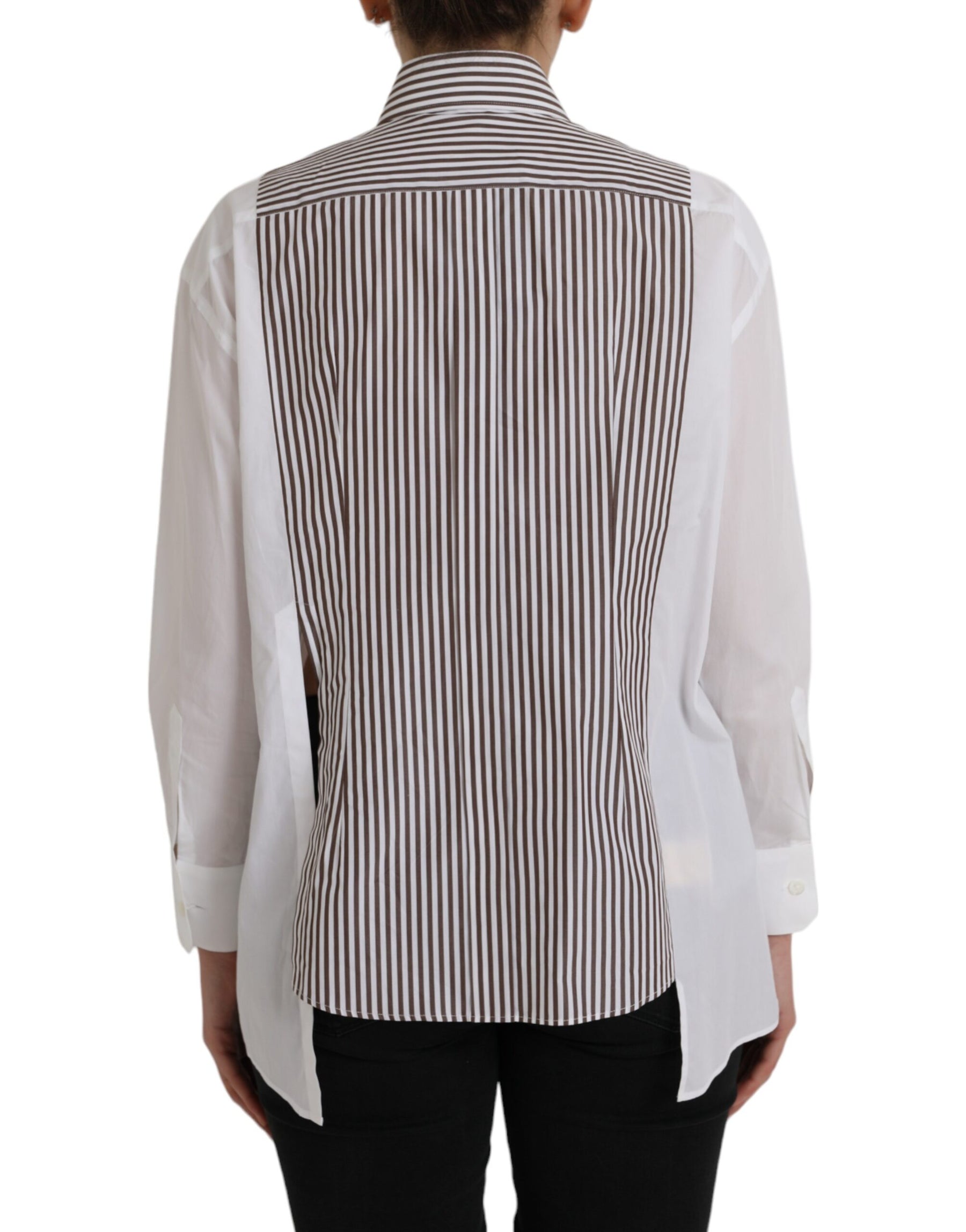 Dolce & Gabbana White Stripes Cotton Long Sleeves Ruffle Collar Top | Regal Royce