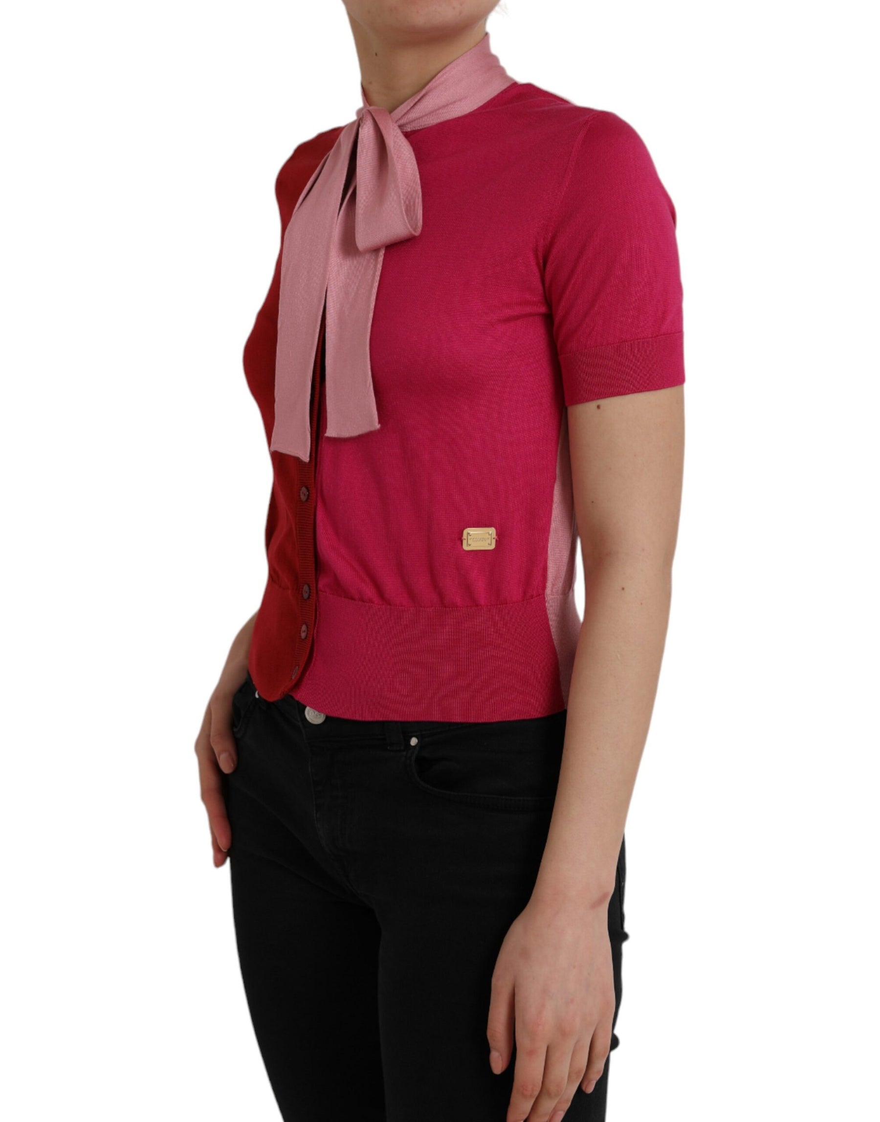 Dolce & Gabbana Pink Short Sleeves Pullover Ascot Collar Top | Regal Royce