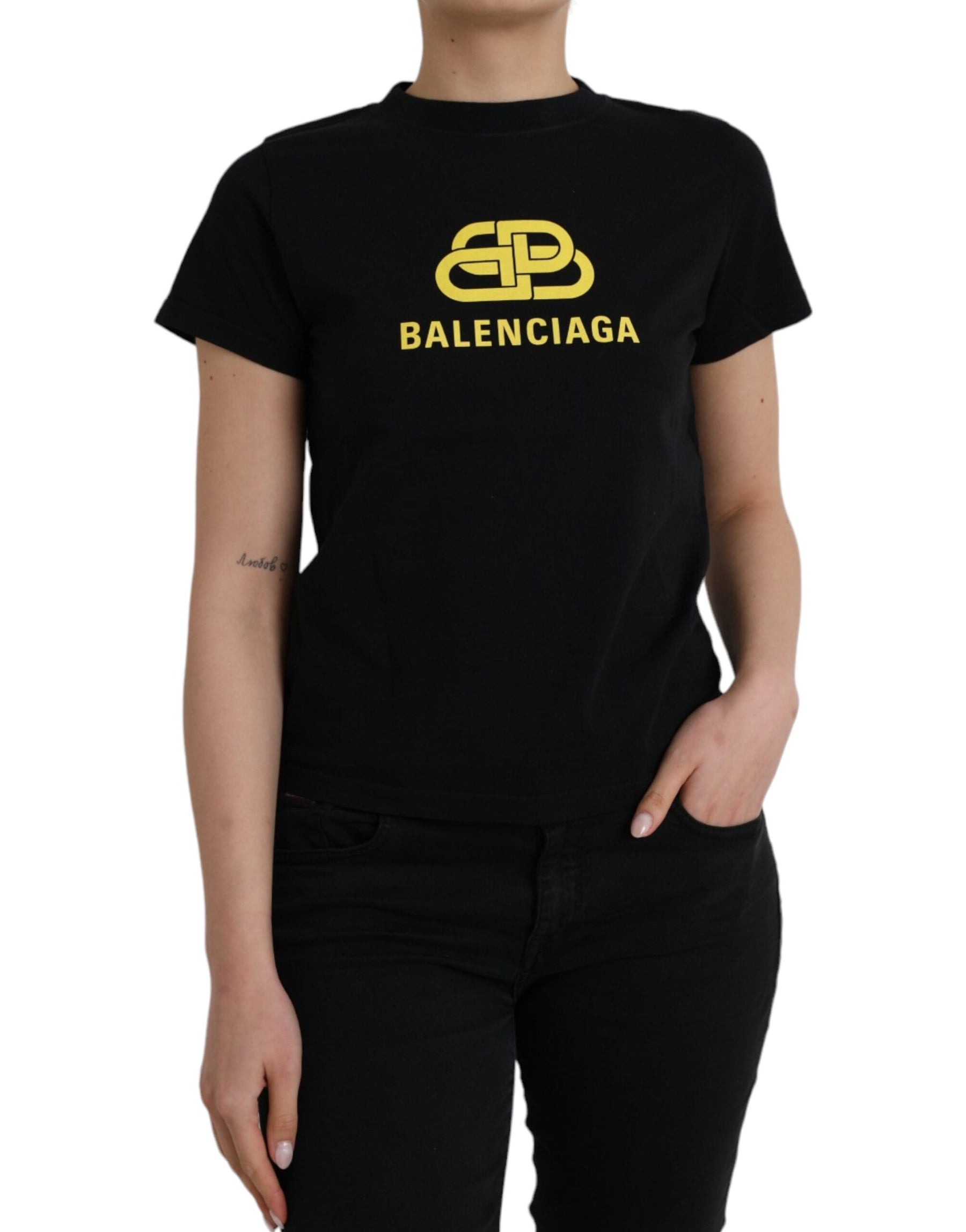 Balenciaga Black Cotton Logo Print Crew Neck Short Sleeves T-shirt | Regal Royce