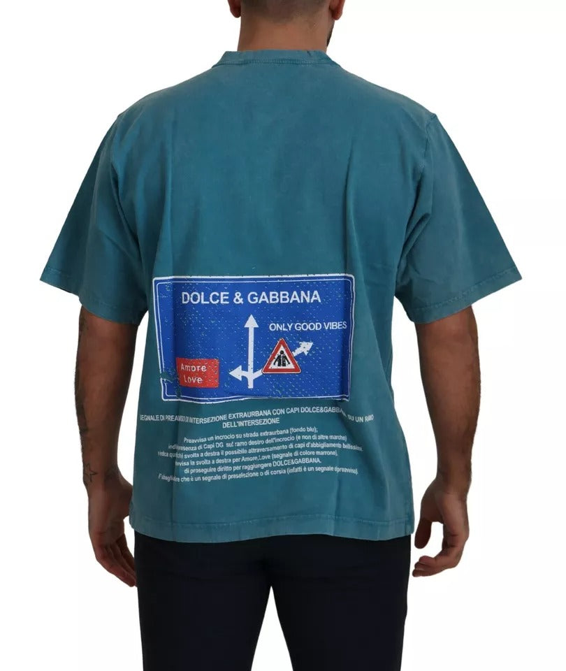 Dolce & Gabbana Blue Logo Print Crewneck Tee Cotton T-shirt | Regal Royce