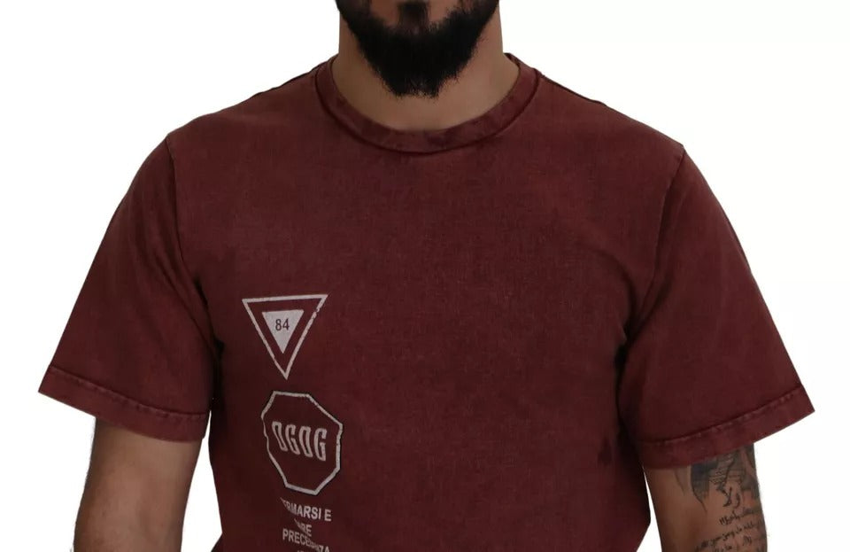 Dolce & Gabbana Maroon Printed Crewneck Tee Cotton T-shirt | Regal Royce