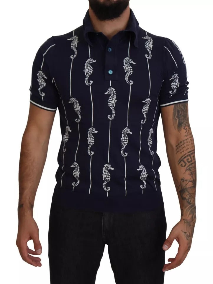 Dolce & Gabbana Dark Blue Sea Horse Collared Polo T-shirt | Regal Royce