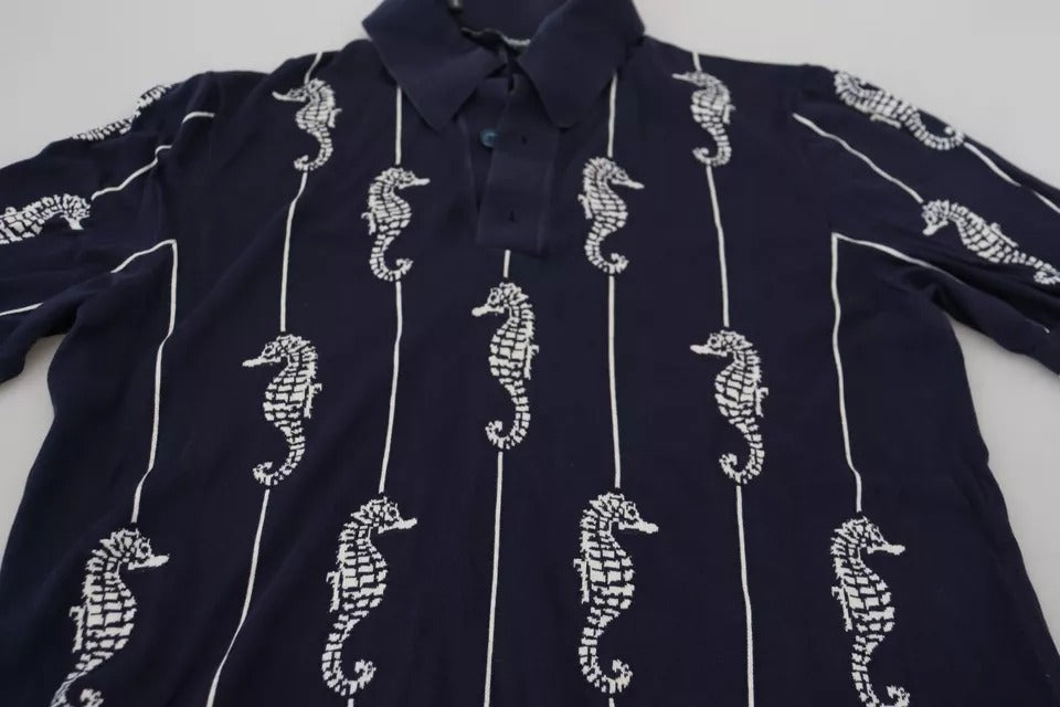 Dolce & Gabbana Dark Blue Sea Horse Collared Polo T-shirt | Regal Royce