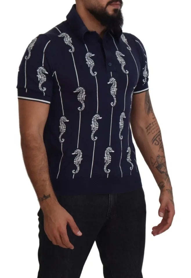 Dolce & Gabbana Dark Blue Sea Horse Collared Polo T-shirt | Regal Royce