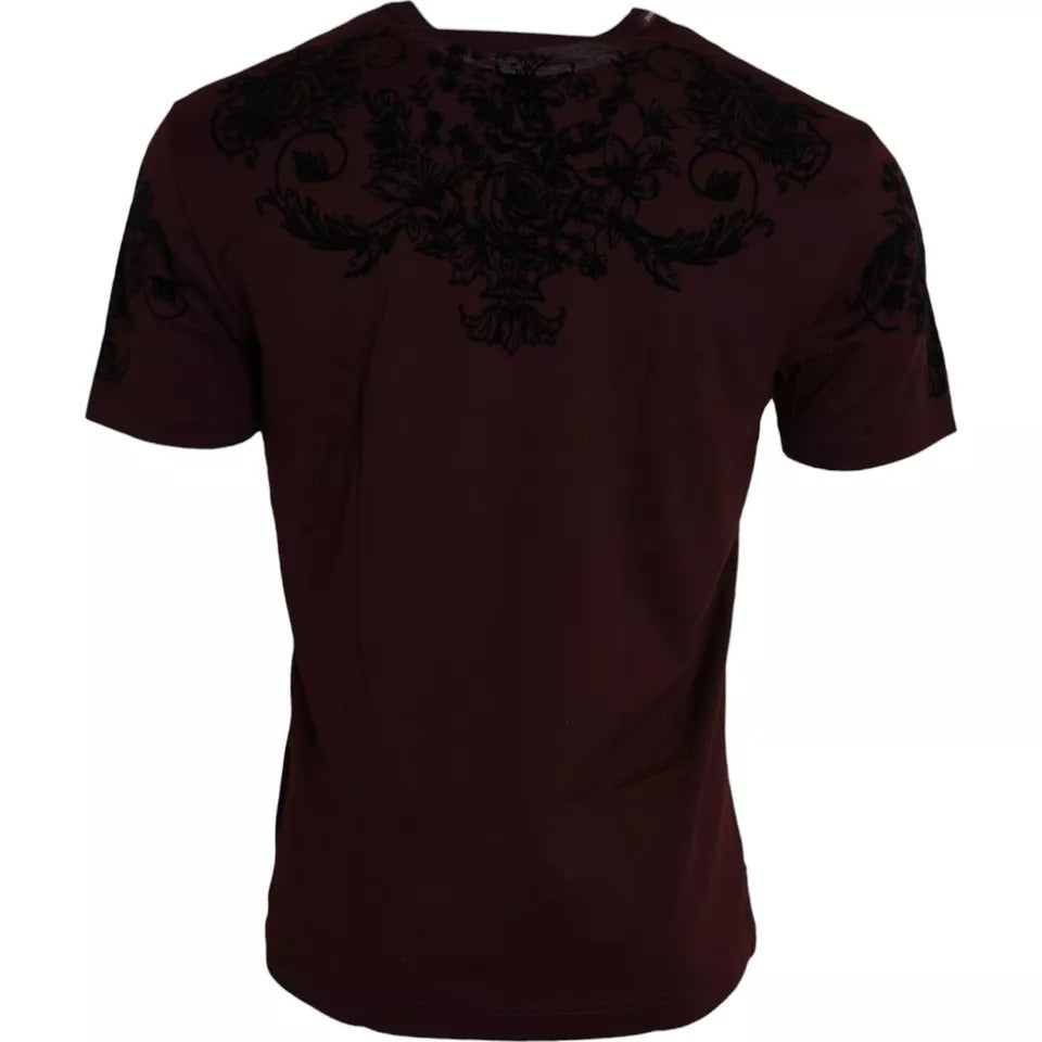 Dolce & Gabbana Maroon DG Crown Floral Crewneck Men T-shirt | Regal Royce