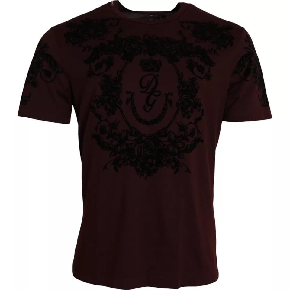 Dolce & Gabbana Maroon DG Crown Floral Crewneck Men T-shirt | Regal Royce