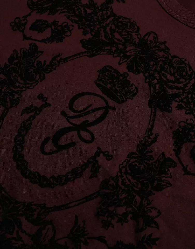 Dolce & Gabbana Maroon DG Crown Floral Crewneck Men T-shirt | Regal Royce