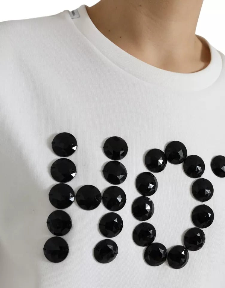 Dolce & Gabbana White Cotton Black HOT Crystal Top T-shirt | Regal Royce