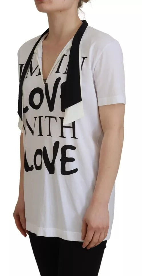 Dolce & Gabbana White Cotton Printed Ascot Collared T-shirt | Regal Royce