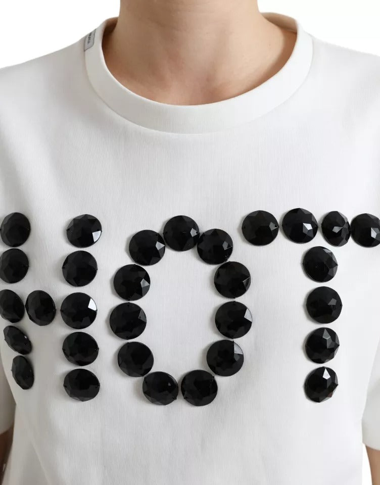 Dolce & Gabbana White Cotton Stretch Black HOT Crystal T-shirt | Regal Royce