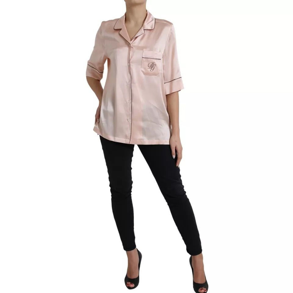 Dolce & Gabbana Pink Silk Long Sleeves Logo Pajama Blouse Top | Regal Royce