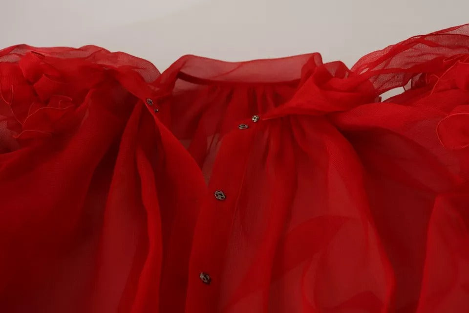 Dolce & Gabbana Red Silk Ascot Collar Ruffles Blouse Top | Regal Royce