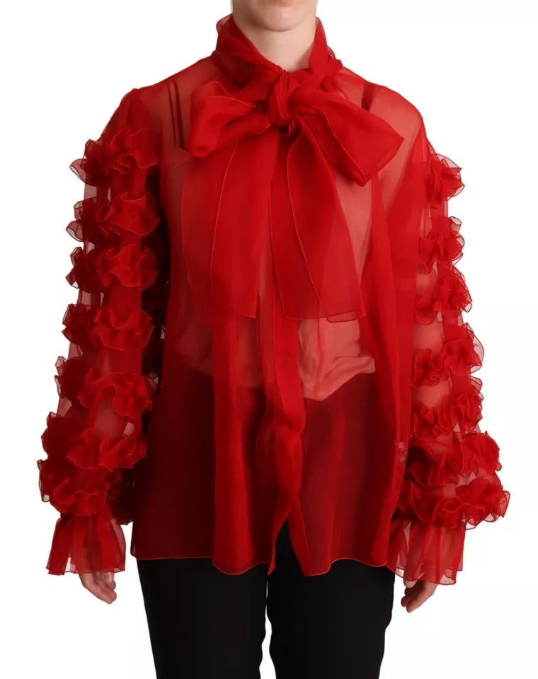Dolce & Gabbana Red Silk Ascot Collar Ruffles Blouse Top | Regal Royce