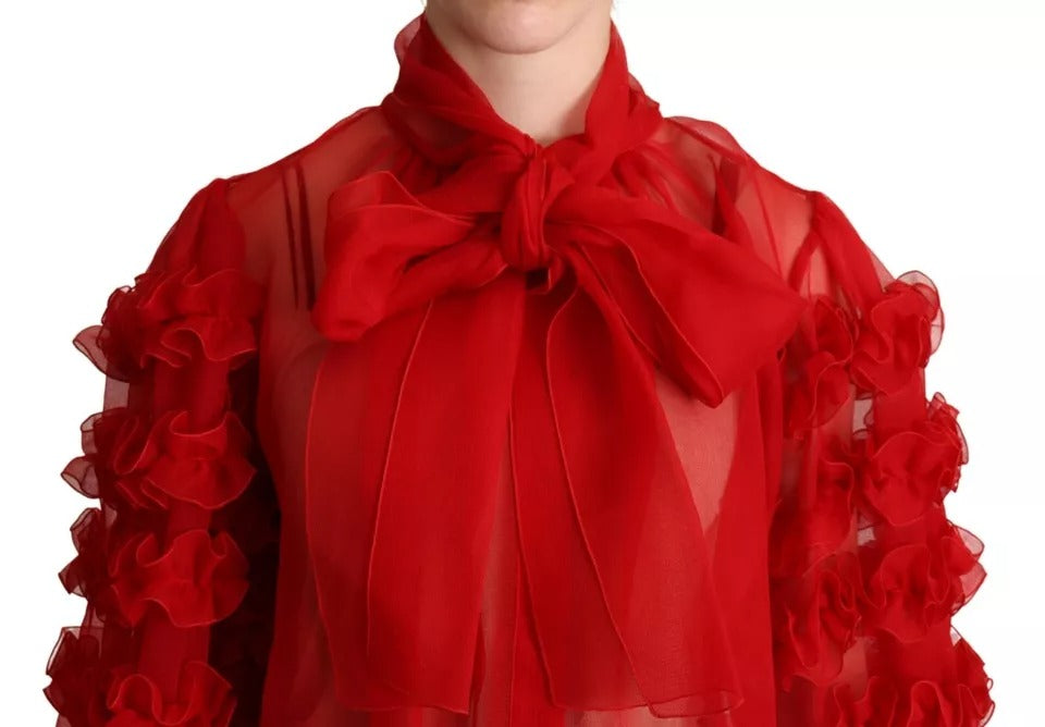 Dolce & Gabbana Red Silk Ascot Collar Ruffles Blouse Top | Regal Royce